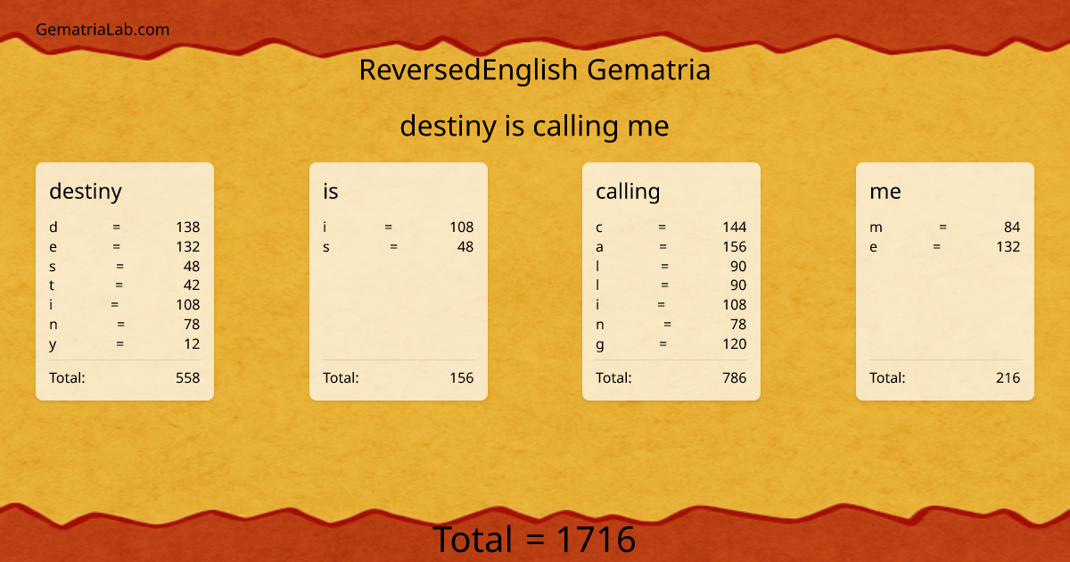 destiny is calling me in reversedEnglish Gematria